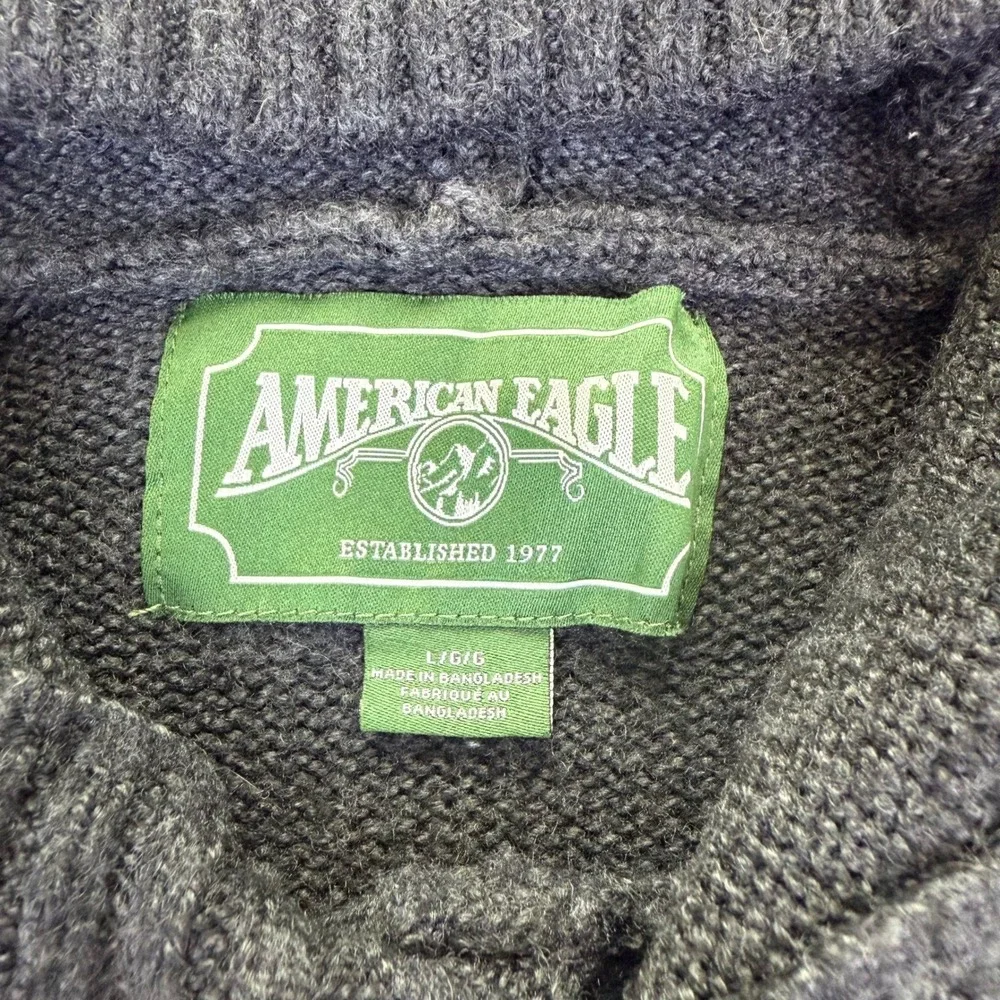 American Eagle Mens Soft Charcoal Grey Fair Isle Knit Hoodie Sweater Pullover LG